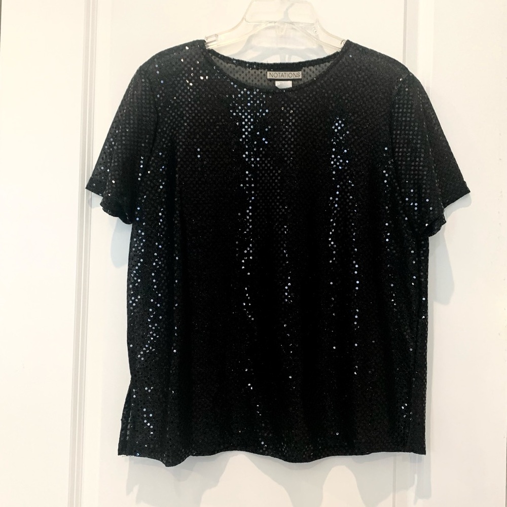 Notations short sleeve black sequin shirt, size M.